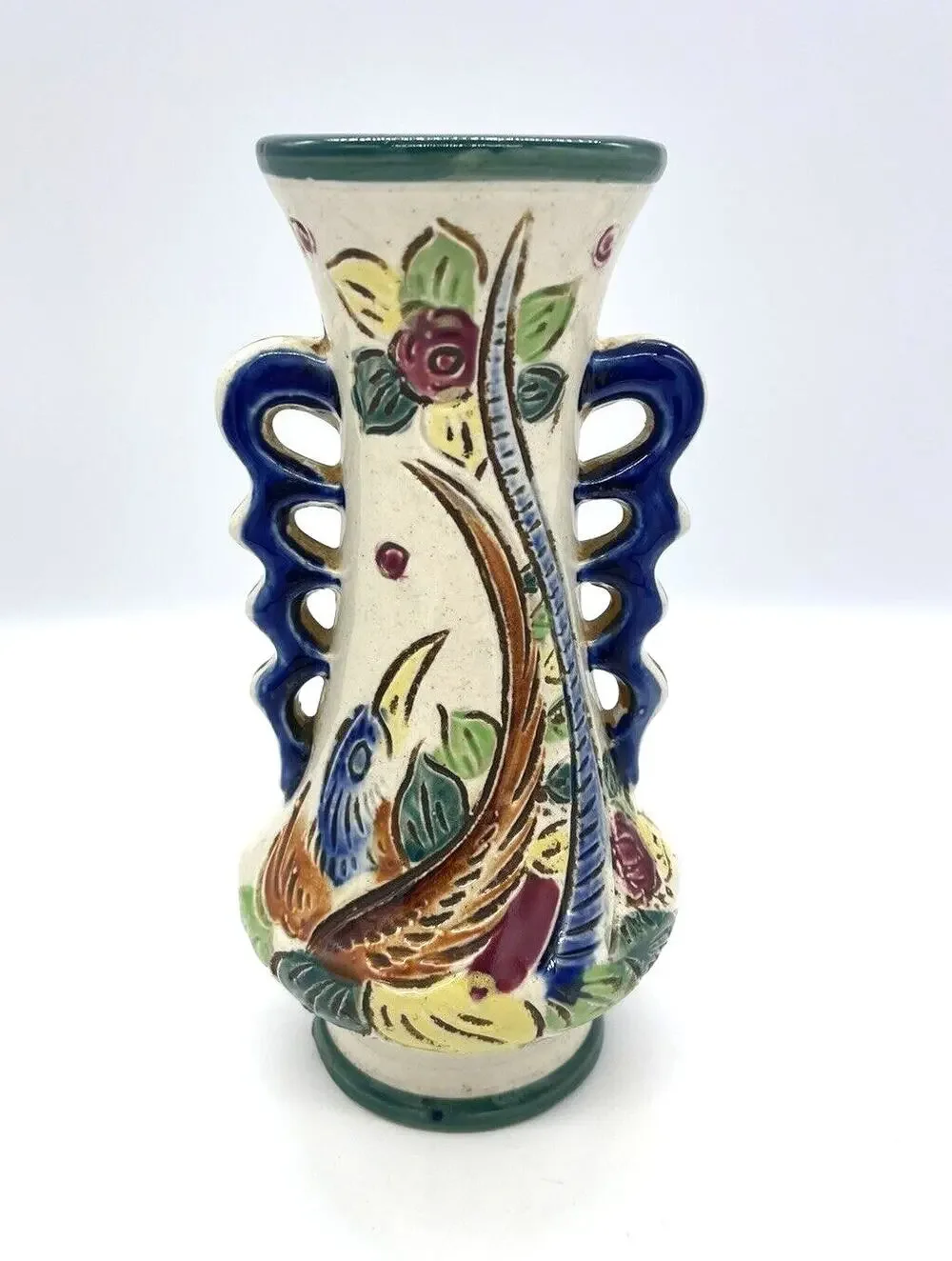 Vintage Japanese Hand Painted Vase Bird & Flower Design 8.5” Tall Made in Japan